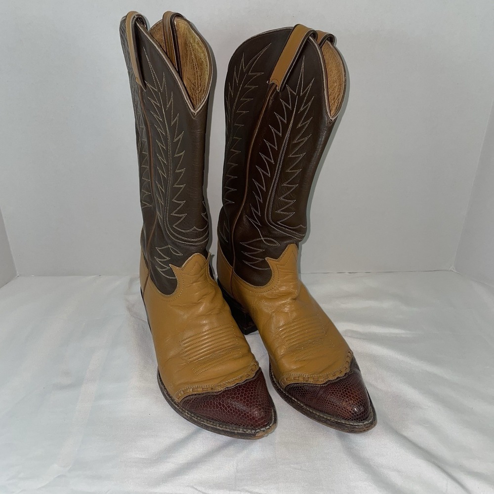 Tony Lama Mens Vintage Western Cowboy Boots 7.5 D Brown‎ Tan Lizard Wingtip 6203
